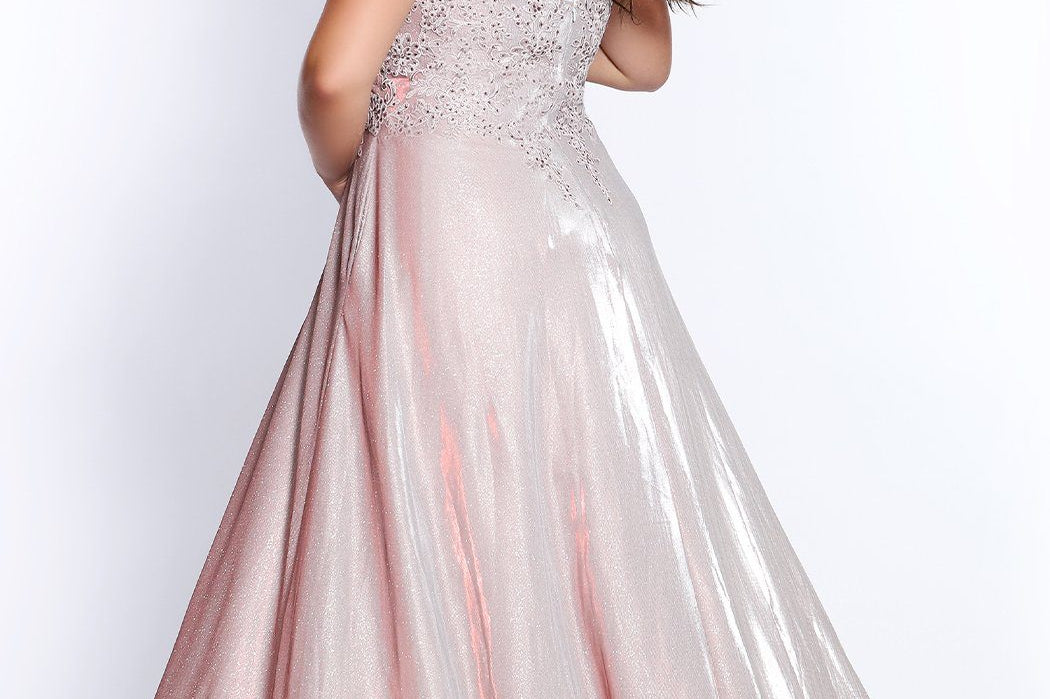 On Cloud Nine Prom Dress SC7311 by Sydney's Closet A-Line v-neck with pockets and zipper back bra friendly straps and metallic shimmery fabric with sequins on bodice available in cotton candy and lagoon