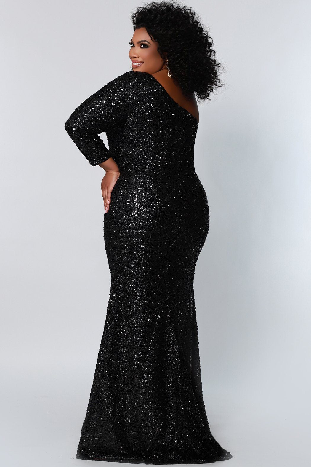 Sydney's Prom by Sydney's Closet fitted silhouette one sholder long sleeve with zipper back and sequin fabric available in pearlescent, ruby, onyx and sapphire SC7319