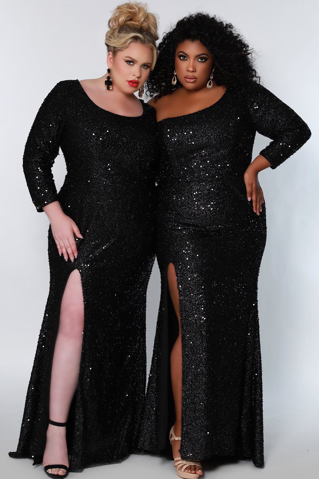 Sydney's Prom by Sydney's Closet fitted silhouette one sholder long sleeve with zipper back and sequin fabric available in pearlescent, ruby, onyx and sapphire SC7319 & SC7320