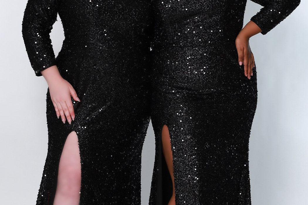Sydney's Prom by Sydney's Closet fitted silhouette one sholder long sleeve with zipper back and sequin fabric available in pearlescent, ruby, onyx and sapphire SC7319 & SC7320