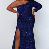Sydney's Prom by Sydney's Closet fitted silhouette one sholder long sleeve with zipper back and sequin fabric available in pearlescent, ruby, onyx and sapphire SC7319
