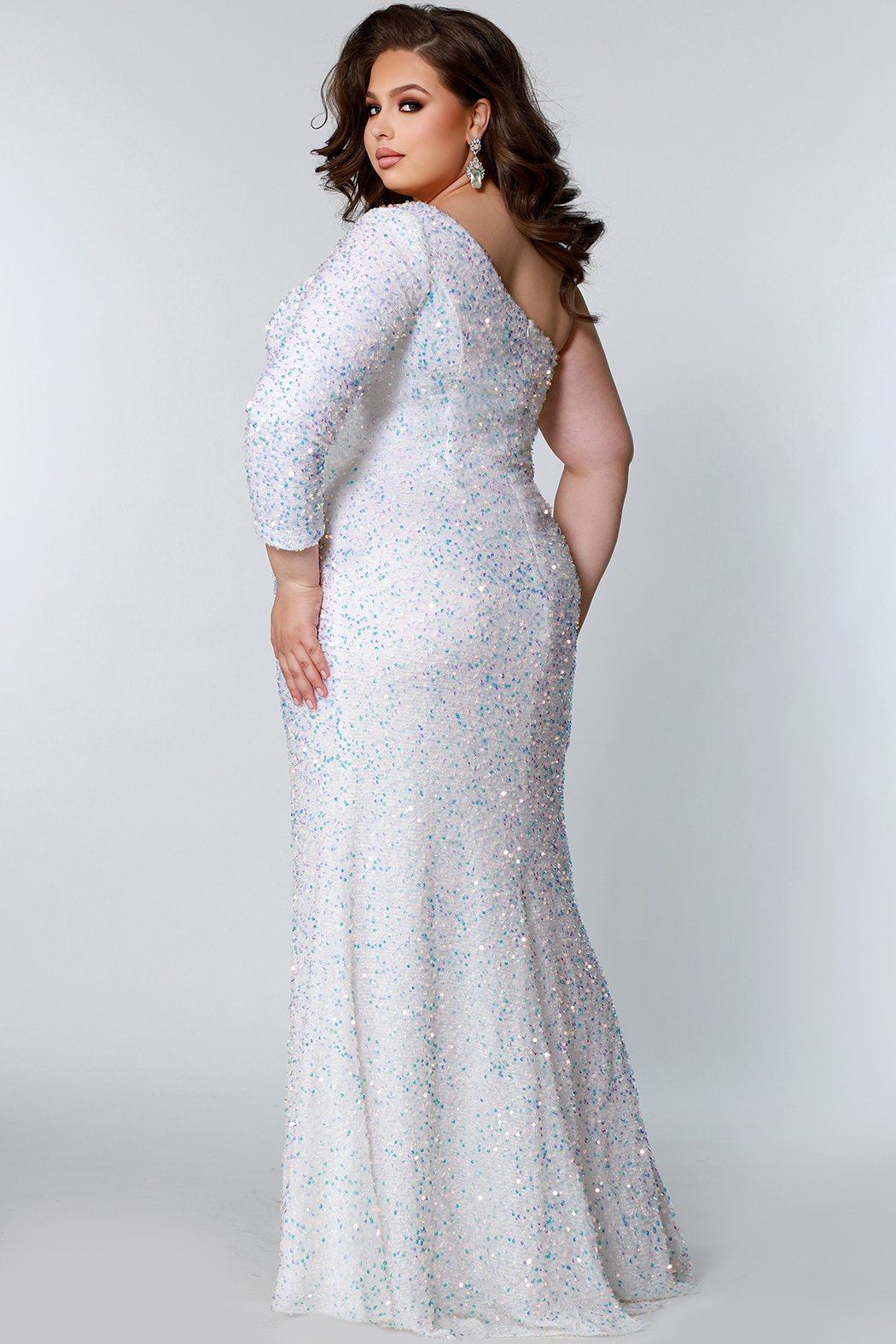 Sydney's Prom by Sydney's Closet fitted silhouette one sholder long sleeve with zipper back and sequin fabric available in pearlescent, ruby, onyx and sapphire SC7319