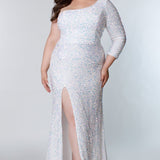 Sydney's Prom by Sydney's Closet fitted silhouette one sholder long sleeve with zipper back and sequin fabric available in pearlescent, ruby, onyx and sapphire SC7319