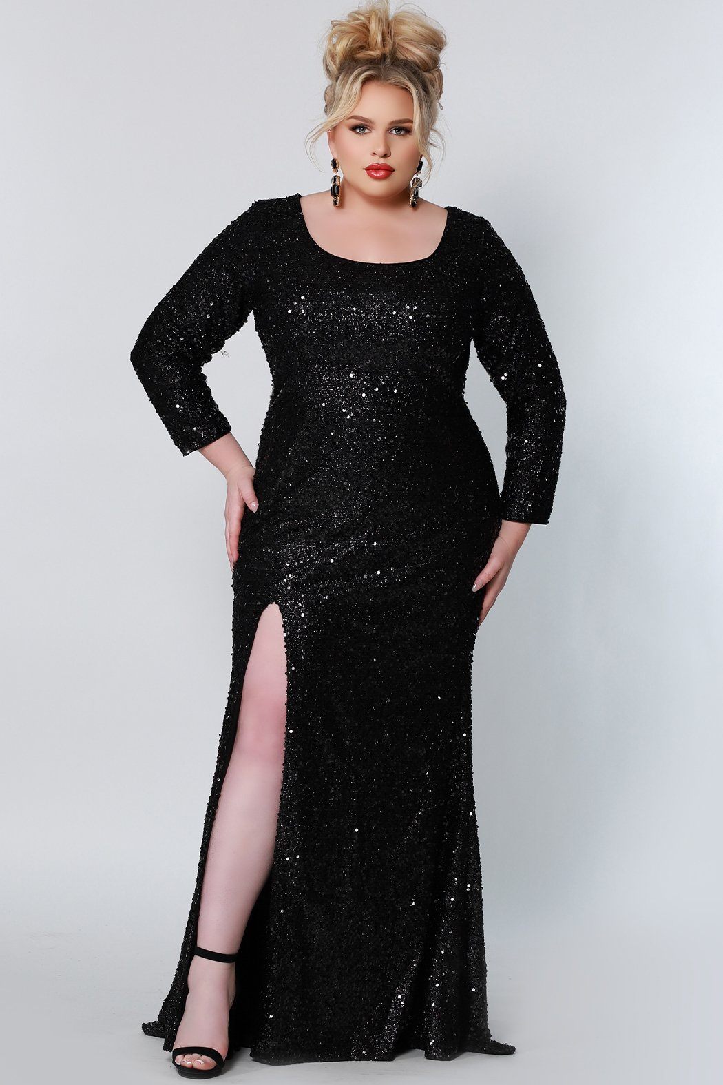 Plus Size Black Sequin Gown with Sleeves
