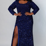  Sydney's Prom by Sydney's Closet fitted silhouette with scoop neckline long sleeves with zipper back and sequin fabric available in pearlescent, ruby, onyx and sapphire SC7320