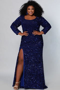  Sydney's Prom by Sydney's Closet fitted silhouette with scoop neckline long sleeves with zipper back and sequin fabric available in pearlescent, ruby, onyx and sapphire SC7320