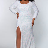  Sydney's Prom by Sydney's Closet fitted silhouette with scoop neckline long sleeves with zipper back and sequin fabric available in pearlescent, ruby, onyx and sapphire SC7320
