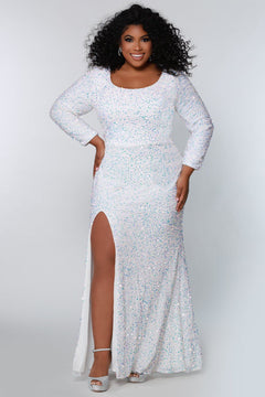  Sydney's Prom by Sydney's Closet fitted silhouette with scoop neckline long sleeves with zipper back and sequin fabric available in pearlescent, ruby, onyx and sapphire SC7320