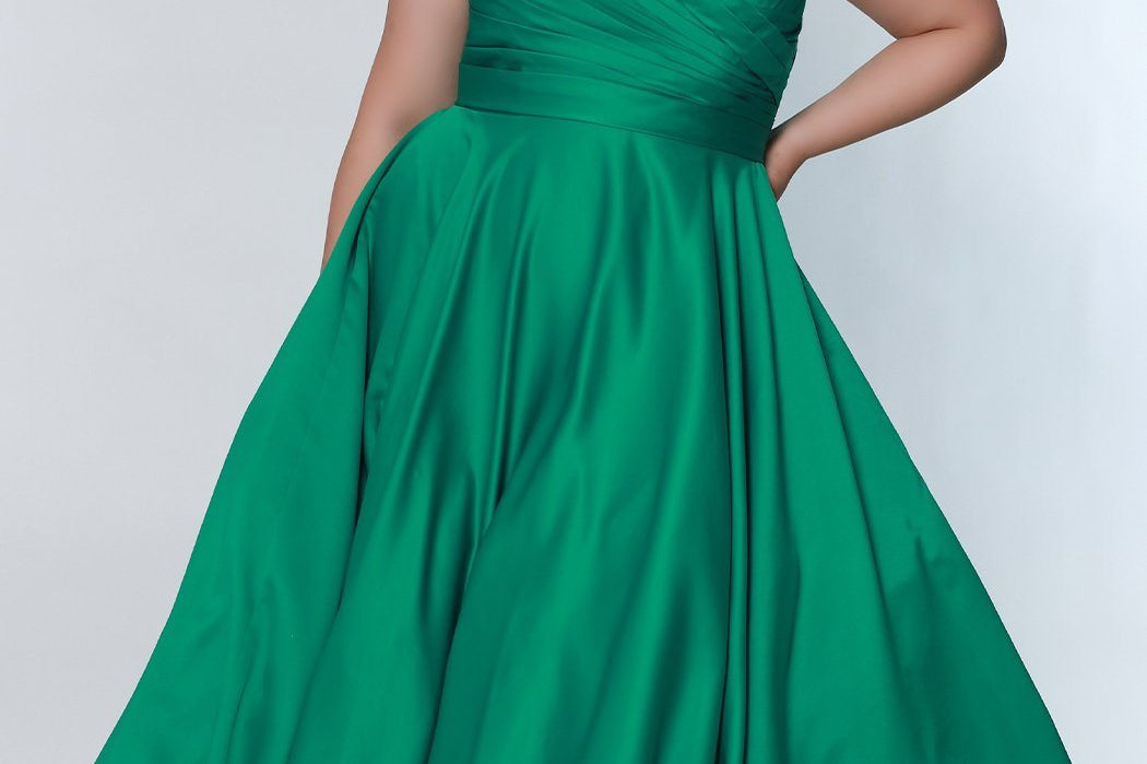 Sydney's Closet Prom by Sydney's Closet aline prom dress with zipper back available in ruby, emerald, sapphire and onyx SC7321 pleated satin formal gown