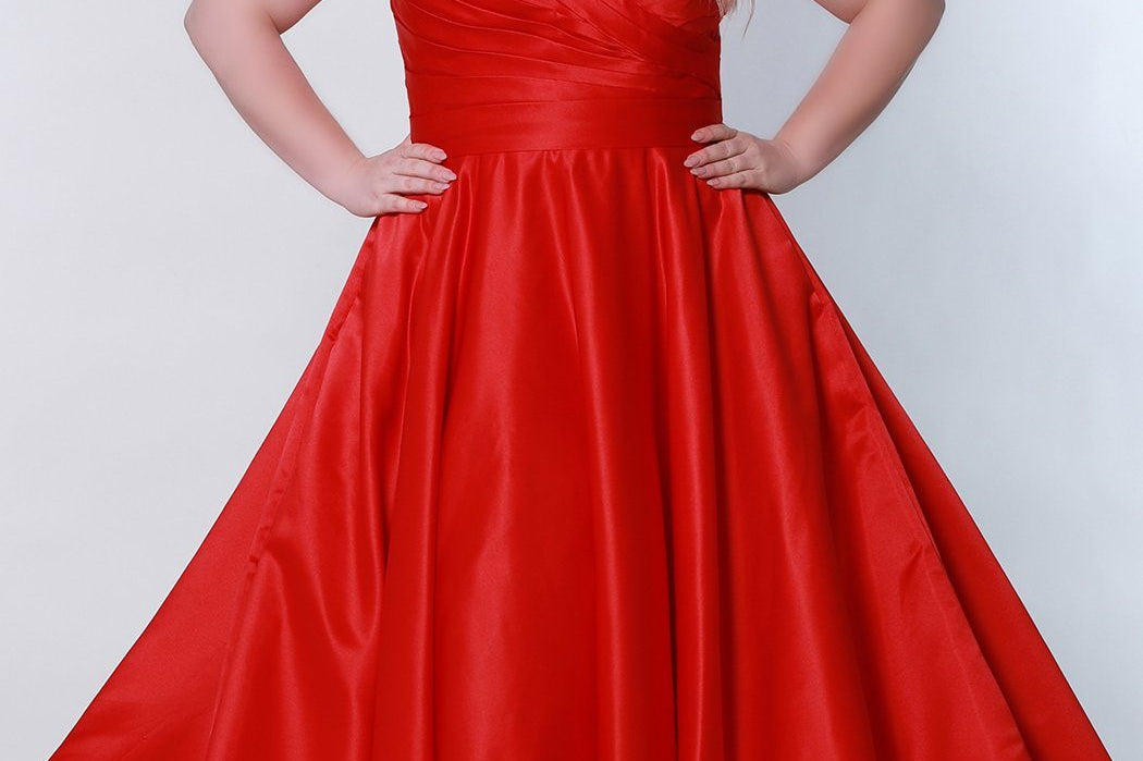 Sydney's Closet Prom by Sydney's Closet aline prom dress with zipper back available in ruby, emerald, sapphire and onyx SC7321 pleated satin formal gown