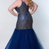 Sydney's Prom by Sydney's Closet fitted mermaid silhouette with tulle skirt and glitter design zipper back available in multi/royal