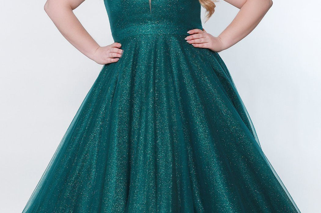 Sydney's Prom by Sydney's Closet aline prom dress with halter top v neckline lace up back soft tulle with glitter tulle available in admiral evergreen and firecracker