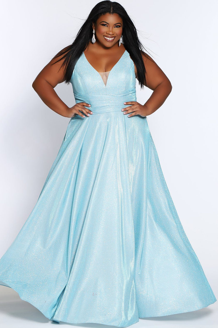 SC7324 Sydney's Prom by Sydney's Closet aline prom dress with v neckline and bra friendly straps shimmer metallic fabric with zipper back available in capri orchid and sage