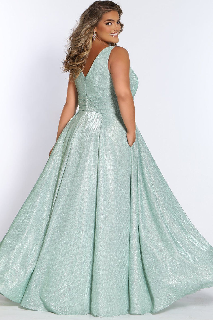 Plus Size A-Line Shimmer Metallic Dress w/ Pleated Waistline