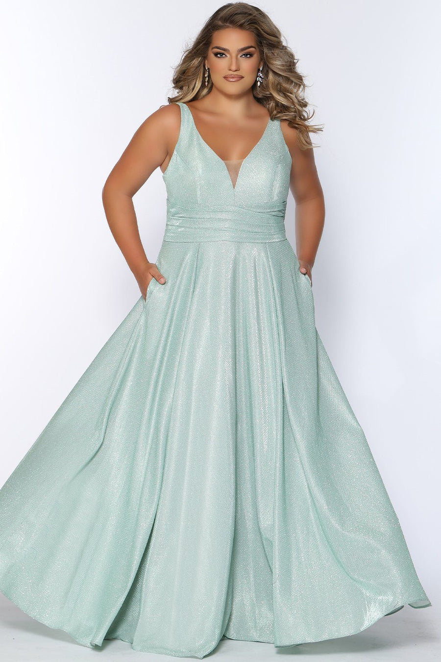 SC7324 Sydney's Prom by Sydney's Closet aline prom dress with v neckline and bra friendly straps shimmer metallic fabric with zipper back available in capri orchid and sage