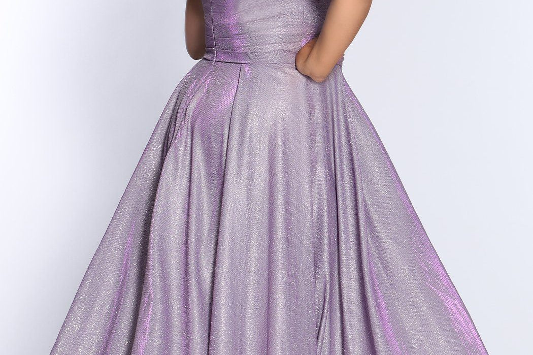 SC7324 Sydney's Prom by Sydney's Closet aline prom dress with v neckline and bra friendly straps shimmer metallic fabric with zipper back available in capri orchid and sage