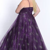 Sydney's Prom by Sydney's Closet aline silhouette with lace up back and tulle fabric and spaghetti straps available in plum and royal