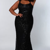Sydney's Prom by Sydney's Closet slim aline silhouette with scoop neckline and scoop back center back zipper and sequins over stretch knit with 5 inch train available in black SC7332