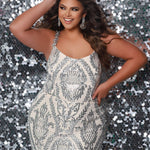 Sydney's Prom by Sydney's Closet slim aline silhouette with scoop neckline and scoop back center back zipper and sequins over stretch knit with 5 inch train available in metallic nude SC7332