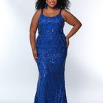 Sydney's Prom by Sydney's Closet slim aline silhouette with scoop neckline and scoop back center back zipper and sequins over stretch knit with 5 inch train available in royal blue SC7332
