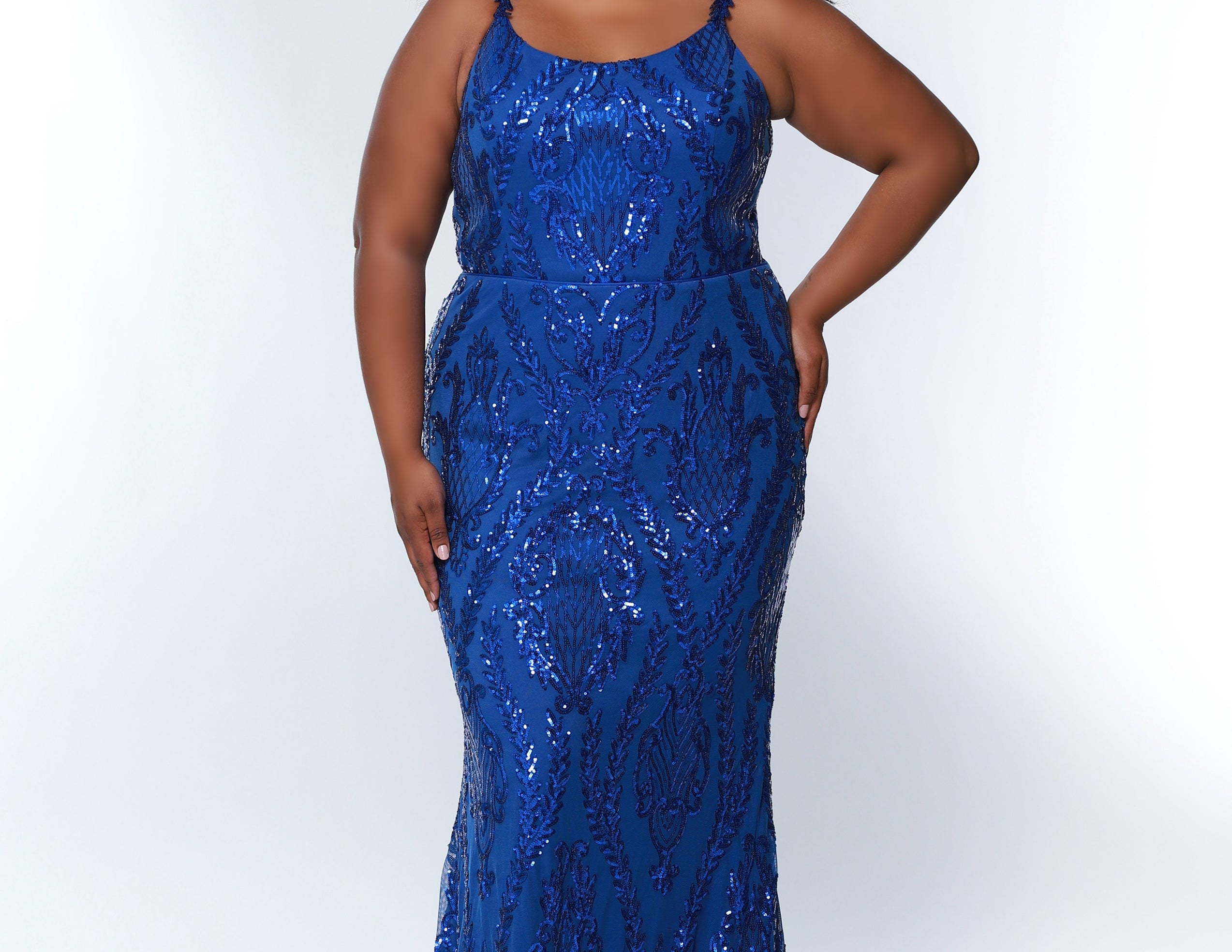 Sydney's Prom by Sydney's Closet slim aline silhouette with scoop neckline and scoop back center back zipper and sequins over stretch knit with 5 inch train available in royal blue SC7332