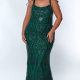 Sydney's Prom by Sydney's Closet slim aline silhouette with scoop neckline and scoop back center back zipper and sequins over stretch knit with 5 inch train available in emerald green SC7332