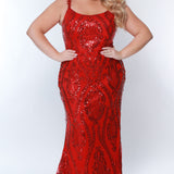 Sydney's Prom by Sydney's Closet slim aline silhouette with scoop neckline and scoop back center back zipper and sequins over stretch knit with 5 inch train available in ruby red SC7332