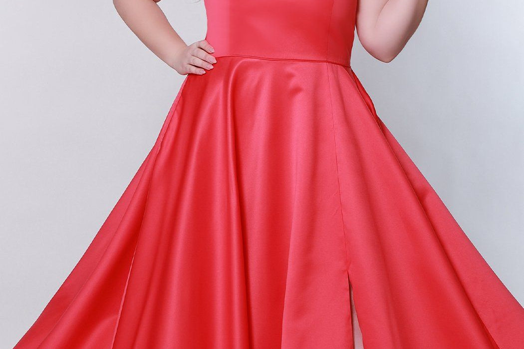Sydney's Prom by Sydney's Closet aline dress with scoop neckline pockets and zipper back available in melon, sapphire and violet SC7335