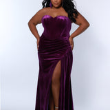 Sydney’s Closet SC7342 deep purple. Slim/Fitted silhouette, strapless with optional spaghetti straps. Modified Basque waist,  exposed corset boning on bodice and a ruched waist. Stretch velvet, with high slit and sweep train. 