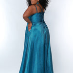 Sydney’s Closet SC7344  Shimmer satin in blue. A-line silhouette, double straps and a scoop neckline. Natural waist, lace up back with modesty panel. A-line skirt with pockets and left leg slit. 
