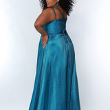 Sydney’s Closet SC7344  Shimmer satin in blue. A-line silhouette, double straps and a scoop neckline. Natural waist, lace up back with modesty panel. A-line skirt with pockets and left leg slit. 