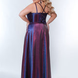 Sydney’s Closet SC7344  Shimmer satin in purple. A-line silhouette, double straps and a scoop neckline. Natural waist, lace up back with modesty panel. A-line skirt with pockets and left leg slit. 