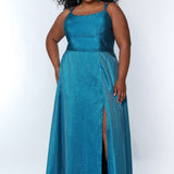Sydney’s Closet SC7344  Shimmer satin in electric blue. Full A-line silhouette, double straps and a scoop neckline. Natural waist, lace up back with modesty panel. A-line skirt with pockets and left leg slit. 