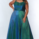 Sydney’s Closet SC7344  Shimmer satin in green. Full A-line silhouette, double straps and a scoop neckline. Natural waist, lace up back with modesty panel. A-line skirt with pockets and left leg slit. 