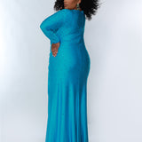 Sydney’s Closet SC7345 Stretch lycra with hot fix stones in bright blue. Fitted silhouette, full length sleeves and a deep V-neckline. Natural waist with ruching and left leg slit. A high back and sweep train.