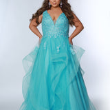 Sydney’s Closet SC7347 in light blue. Tulle ballgown with lace appliques on bodice. Offered in light blue, coral, light pink and lilac purple. Has a V-neckline, bra-friendly straps and a natural waistline. A tried tulle skirt with horsehair hem. Invisible back zipper