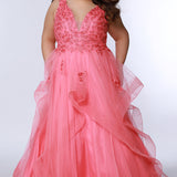 Sydney’s Closet SC7347 in Coral . Tulle ballgown with lace appliques on bodice. Offered in light blue, coral, light pink and lilac purple. Has a V-neckline, bra-friendly straps and a natural waistline. A tried tulle skirt with horsehair hem. Invisible back zipper