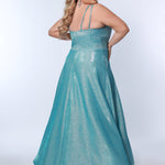 Sydney’s Closet SC7349 in aqua blue. Full A-line silhouette with a scoop neckline and double straps. Shimmer knit offered in pink, orange, purple and aqua blue. An A-line skirt with pockets and a left leg slit. Is fully lined, has a natural waist and a long invisible zipper.