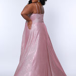Sydney’s Closet SC7349 in pink. Full A-line silhouette with a scoop neckline and double straps. Shimmer knit offered in pink, orange, purple and aqua blue. An A-line skirt with pockets and a left leg slit. Is fully lined, has a natural waist and a long invisible zipper.