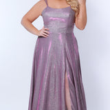 Sydney’s Closet SC7349 in purple . Full A-line silhouette with a scoop neckline and double straps. Shimmer knit offered in pink, orange, purple and aqua blue. An A-line skirt with pockets and a left leg slit. Is fully lined, has a natural waist and a long invisible zipper.