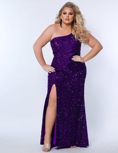 SC7360 one-shoulder plus size prom and evening gown with slit from Sydney's Closet available in red, black, sapphire blue or purple