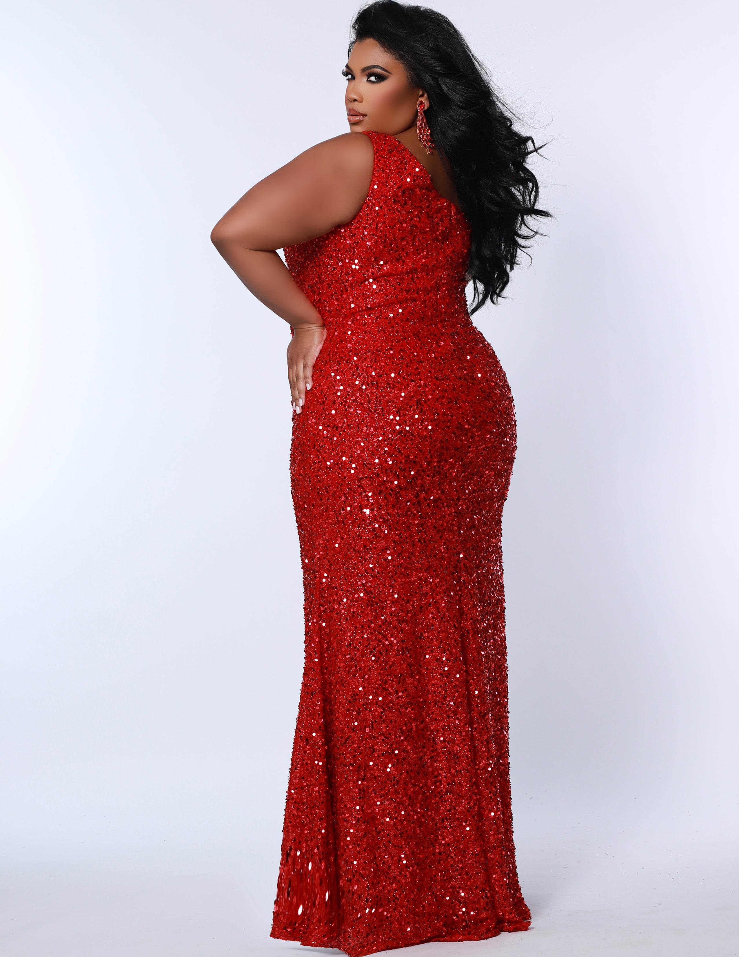 SC7360 one-shoulder plus size prom and evening gown with slit from Sydney's Closet available in red, black, sapphire blue or purple
