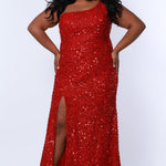 SC7360 one-shoulder plus size prom and evening gown with slit from Sydney's Closet available in red, black, sapphire blue or purple