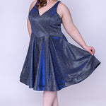SC8100 Celebrations by Sydney's Closet halter top with zipper back and shimmer fabric available in sonic silver and cosmic cobalt