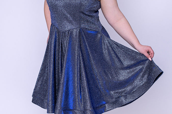 SC8100 Celebrations by Sydney's Closet halter top with zipper back and shimmer fabric available in sonic silver and cosmic cobalt