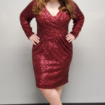 Knee length sequin dress with deep V-neckline, pleated bodice and sleeves. Skirt with side pleats and center-back zipper.