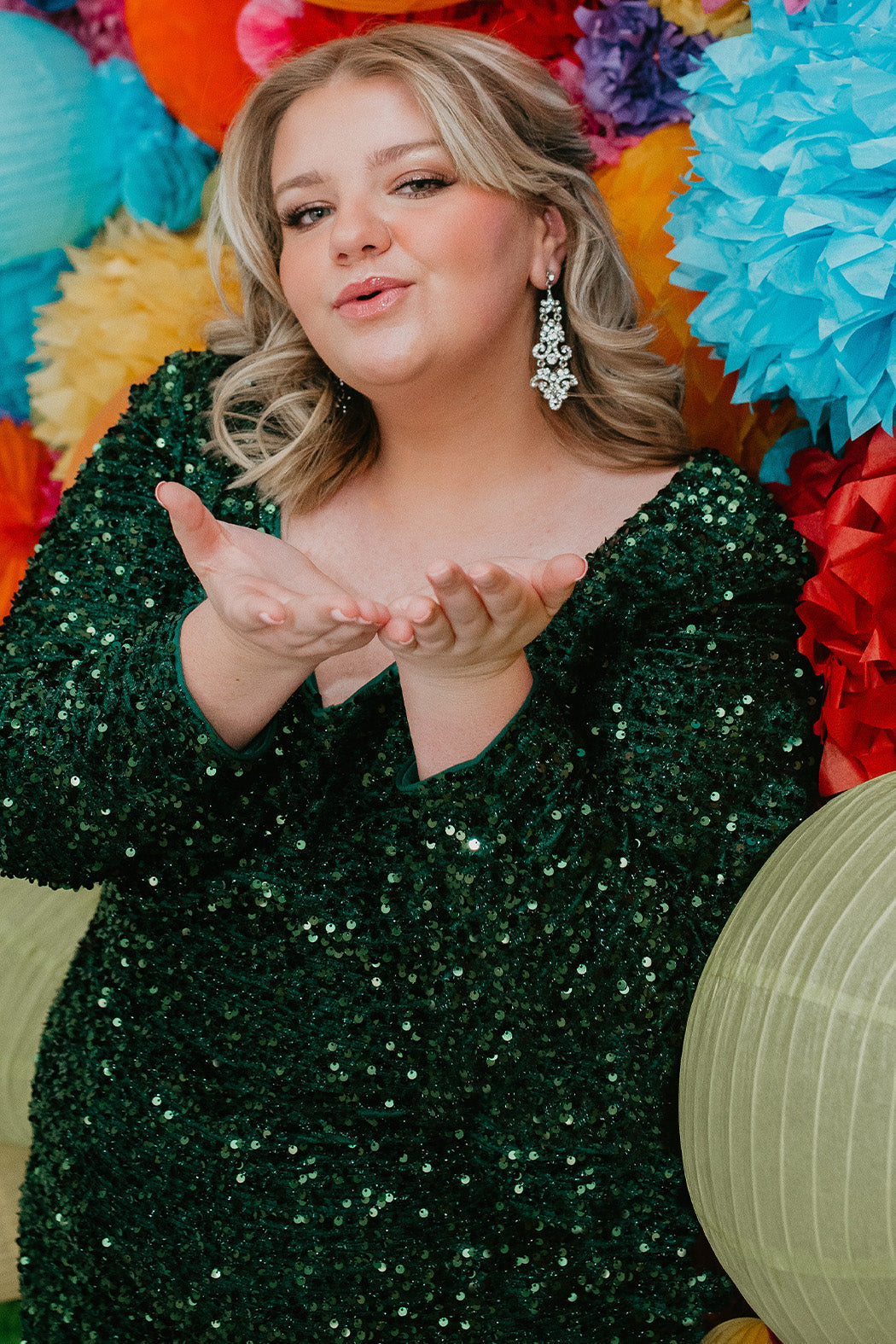 Sydney's Closet Style SC8113 plus size sequin party dress with long sleeves, scoop nekcline and slit. Available in blue, red, black and forest green.