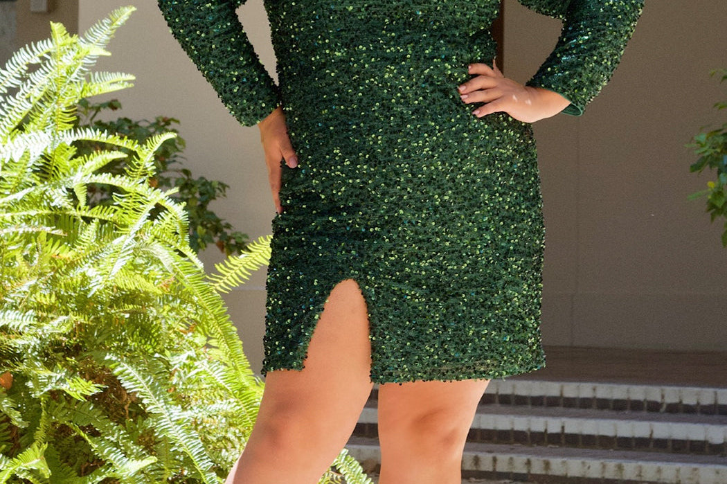 Sydney's Closet Style SC8113 plus size sequin party dress with long sleeves, scoop nekcline and slit. Available in blue, red, black and forest green.