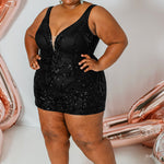 This is SC8121 in our Sydney's Closet Homecoming collection. This plus size party dress comes in black, red, and blue! This dress has bra friendly straps, a deep v-neckline with a nude mesh insert, and a natural waistline. This fitted patterned sequins gown is designed to have a mini skirt. This gown has a touch of sass for this homecoming season!