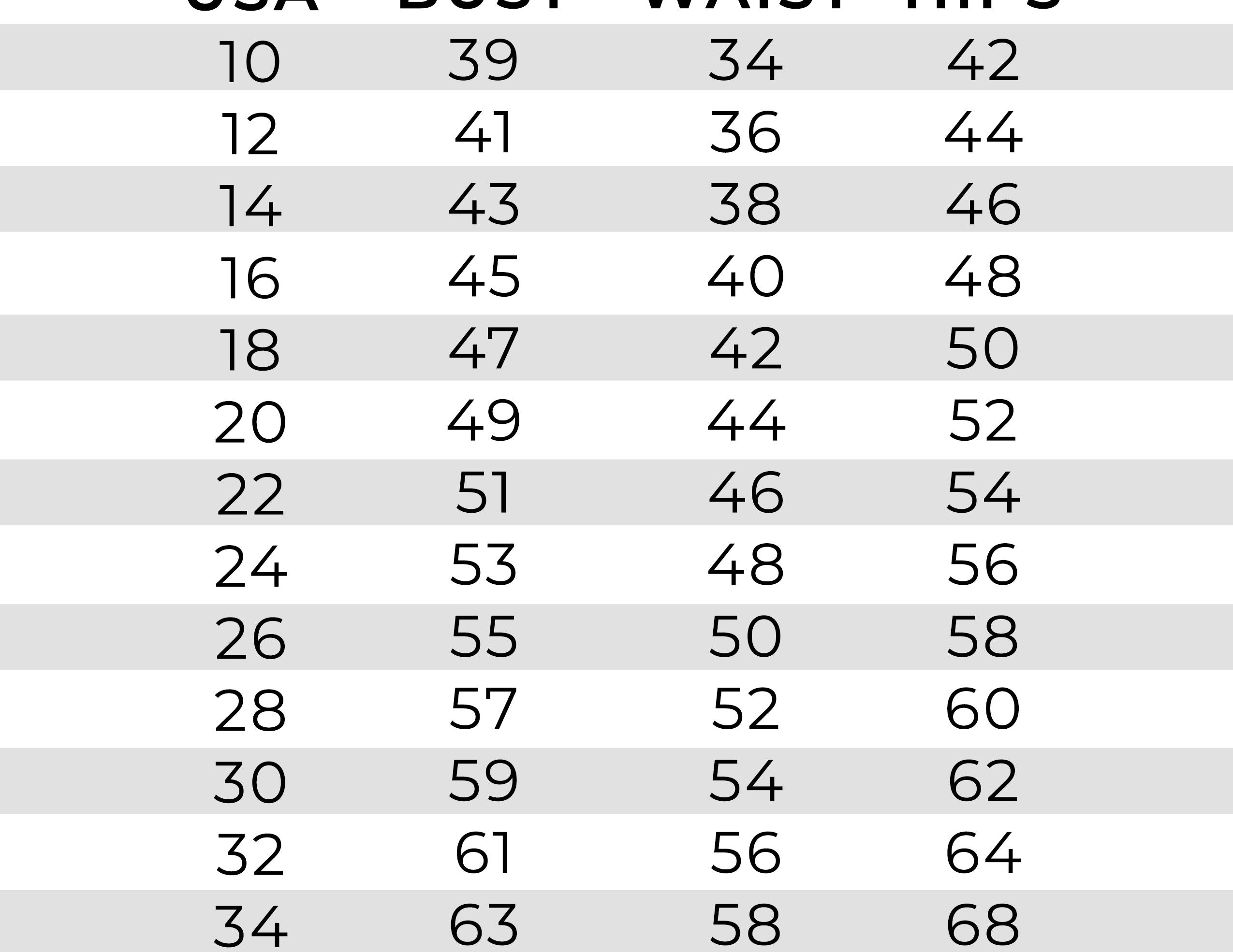 Sydney's Closet size chart